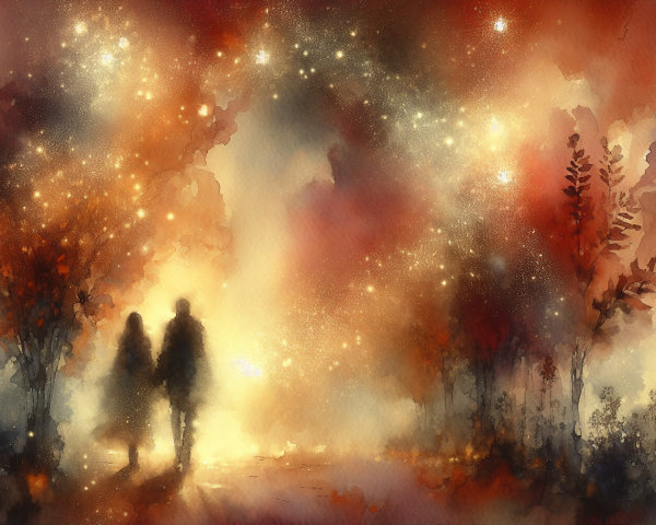 Watercolor Scene of Couple in Dreamy Landscape