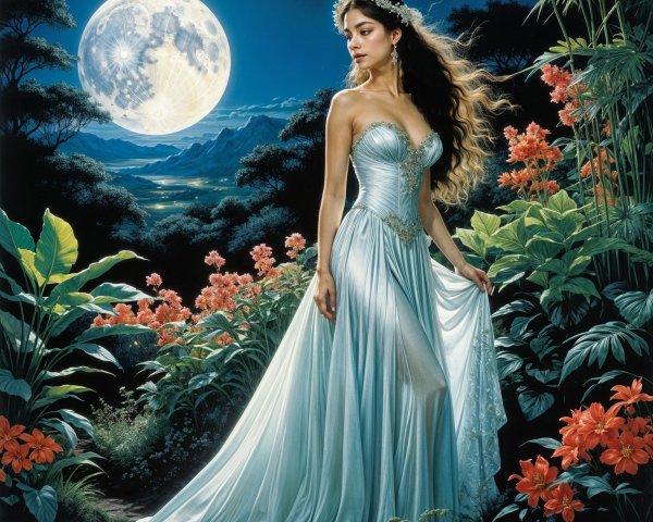 Elegant Woman in Moonlit Forest with Exotic Flowers