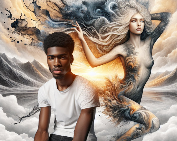 Young man against vibrant backdrop with ethereal figure