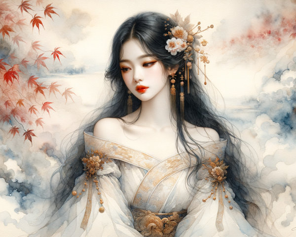 Ethereal figure in traditional outfit with floral details