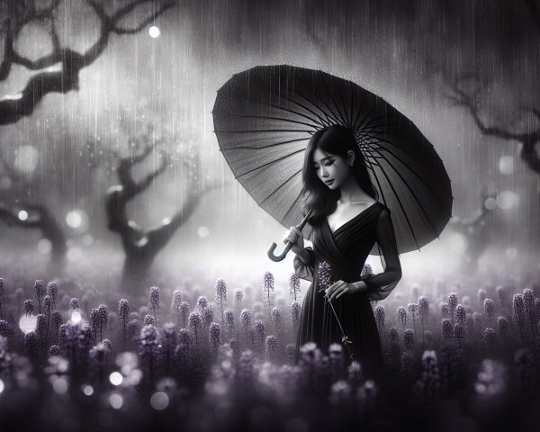 Moody Black-and-White Landscape with Woman and Flowers