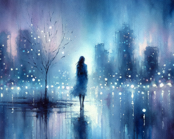 Watercolor Scene of Figure by Barren Tree and City