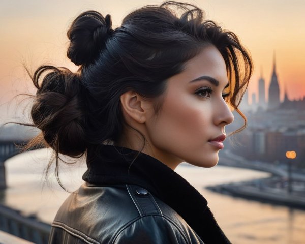 Woman in profile against a sunset with city skyline