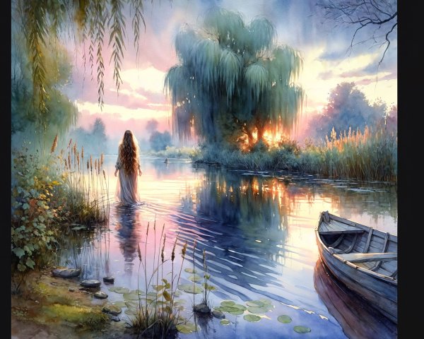 Tranquil River Landscape at Sunset with Woman and Boat