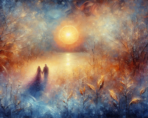 Dreamy Sunset Landscape with Silhouetted Figures