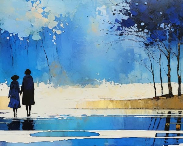 Impressionistic Painting of Figures by Water and Trees