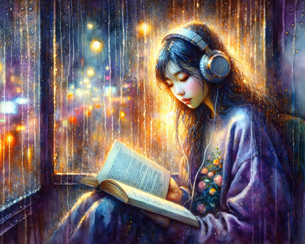 Young woman reading by a rain-streaked window