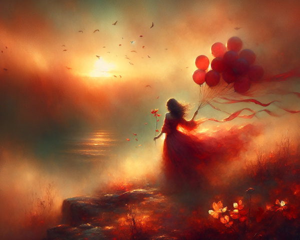 Figure in Red Dress in Misty Landscape by Water