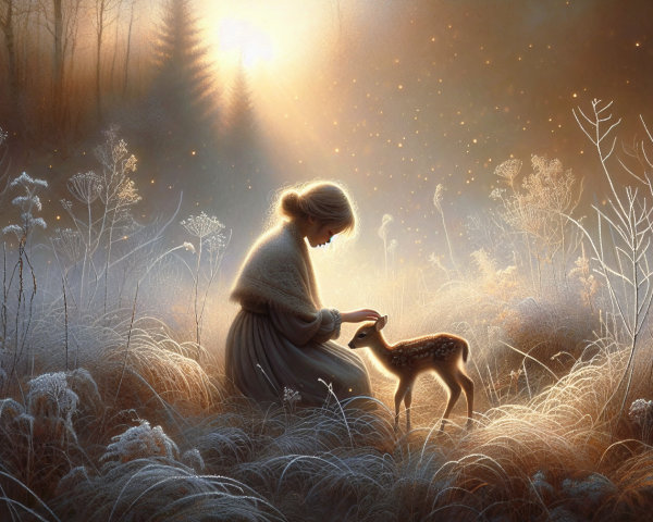 Misty Landscape with Woman and Fawn at Dawn