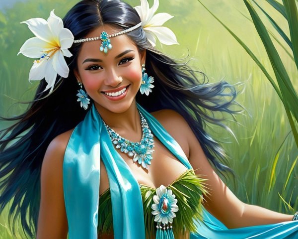 Young woman in tropical attire with floral accents