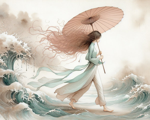 Serene Figure with Umbrella by Tumultuous Waves