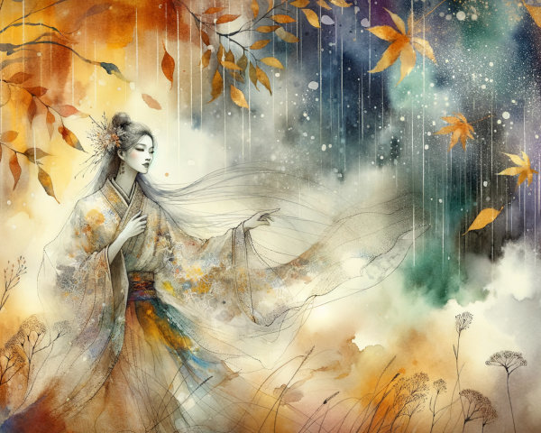 Graceful Figure in Kimono Amidst Autumn Landscape