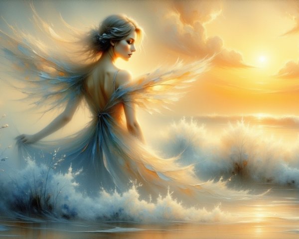 Serene figure by water with shimmering wings at sunset