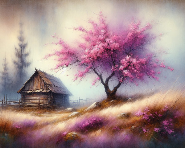 Rustic Cabin and Blossom Tree in Serene Landscape