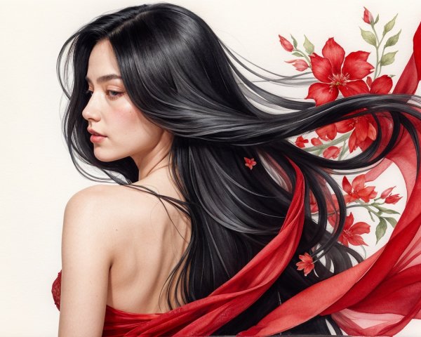 Elegant Woman in Red Dress Amidst Vibrant Flowers