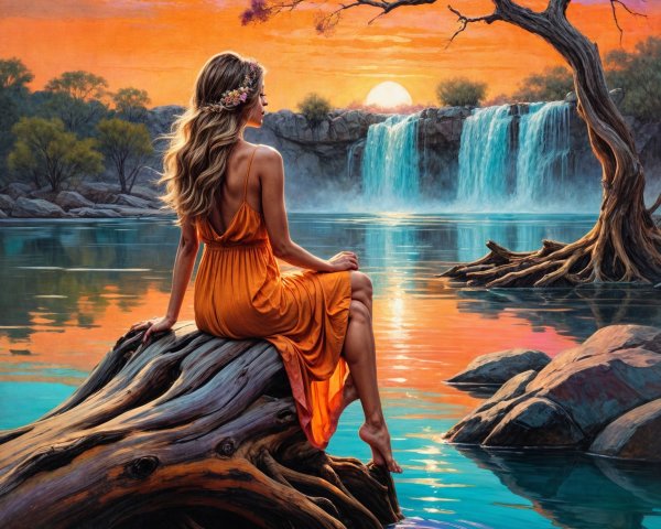 Woman in Orange Dress by Tranquil Lake at Sunset