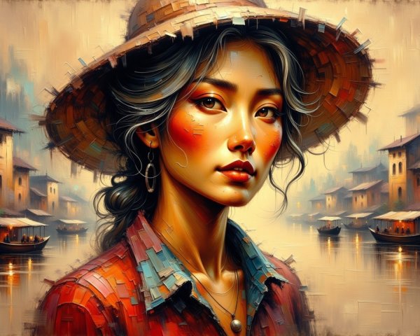 Young woman in straw hat by traditional wooden houses