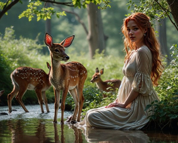 Young Woman by Stream with Spotted Deer in Nature