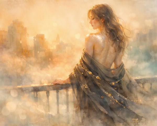 Impressionistic Oil Painting of Woman Overlooking City