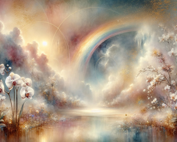 Serene landscape with sunrise, rainbow, and orchids