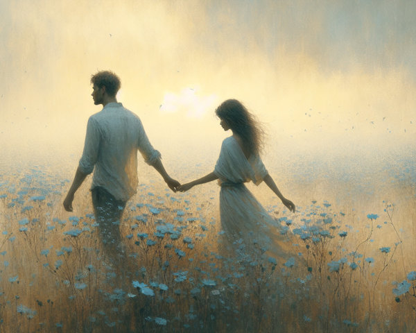 Couple in Misty Field of Blue Flowers at Dusk