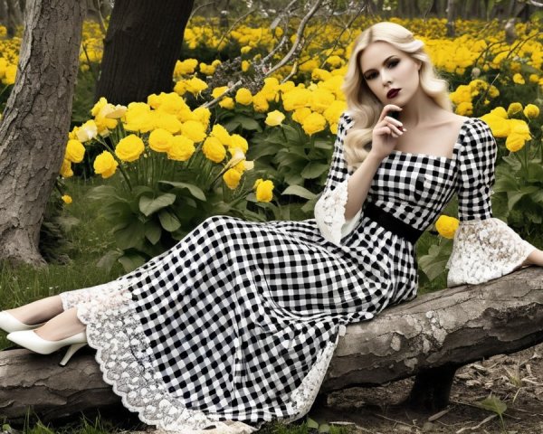 Woman on Tree Branch Surrounded by Yellow Flowers