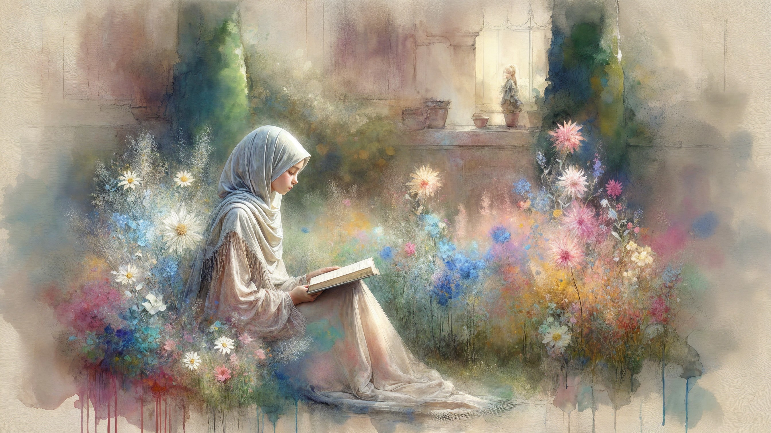 Young Woman Reading in a Colorful Garden Setting