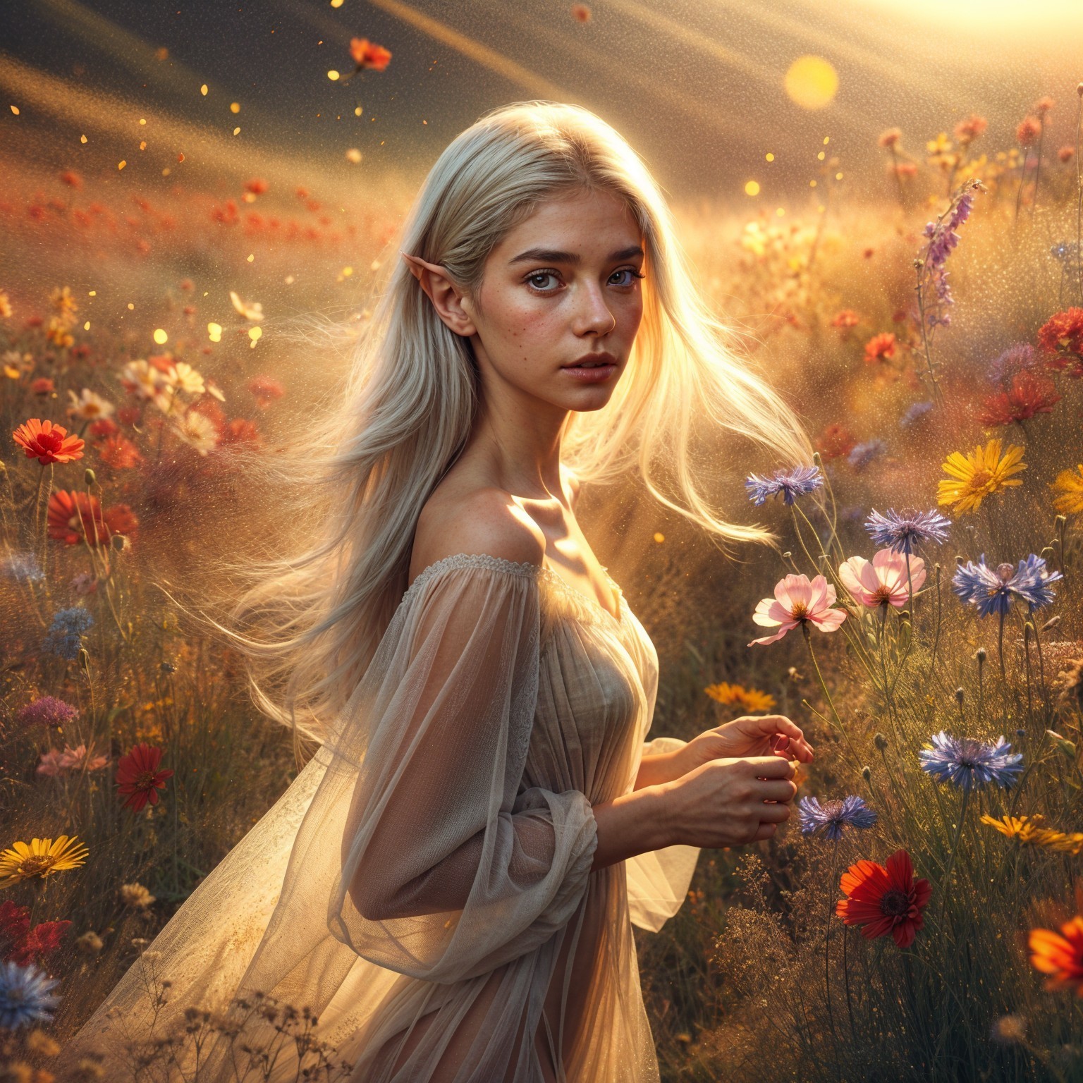 Young woman in flower field with silver hair and gown