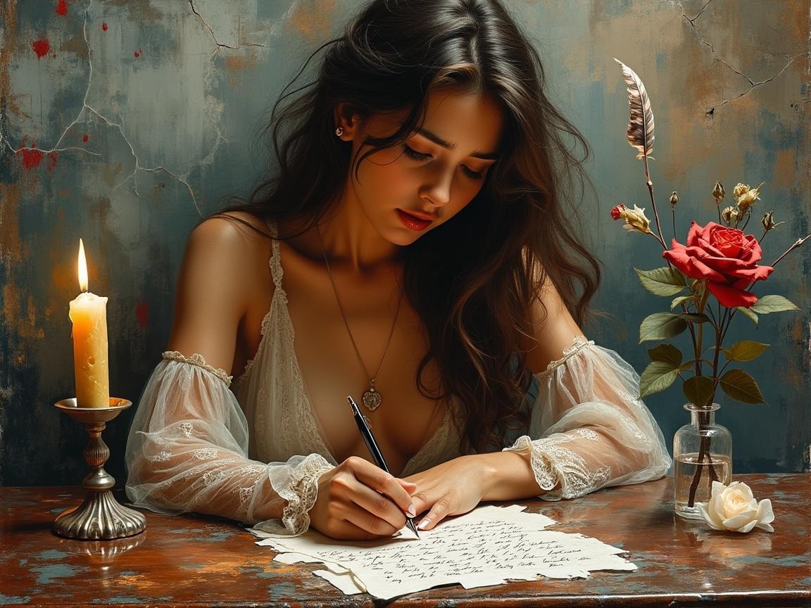 Young woman writing at a rustic wooden table