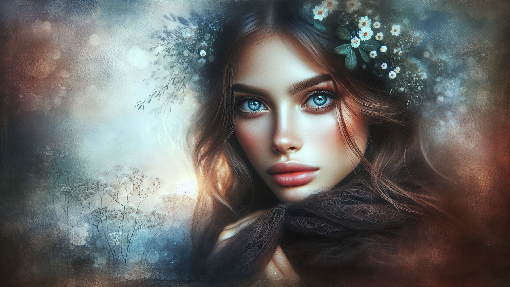 Portrait of a Young Woman with Blue Eyes and Floral Crown