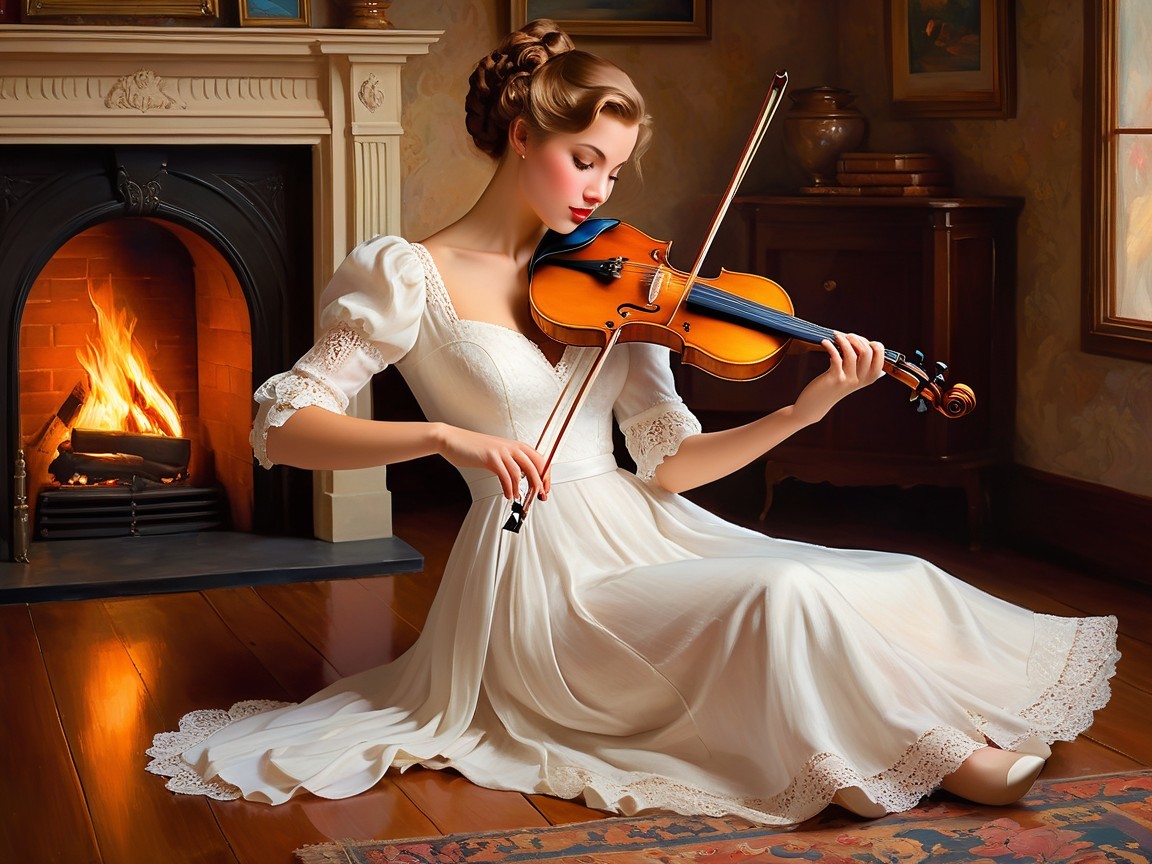 Young Woman in White Dress Playing Violin by Fireplace