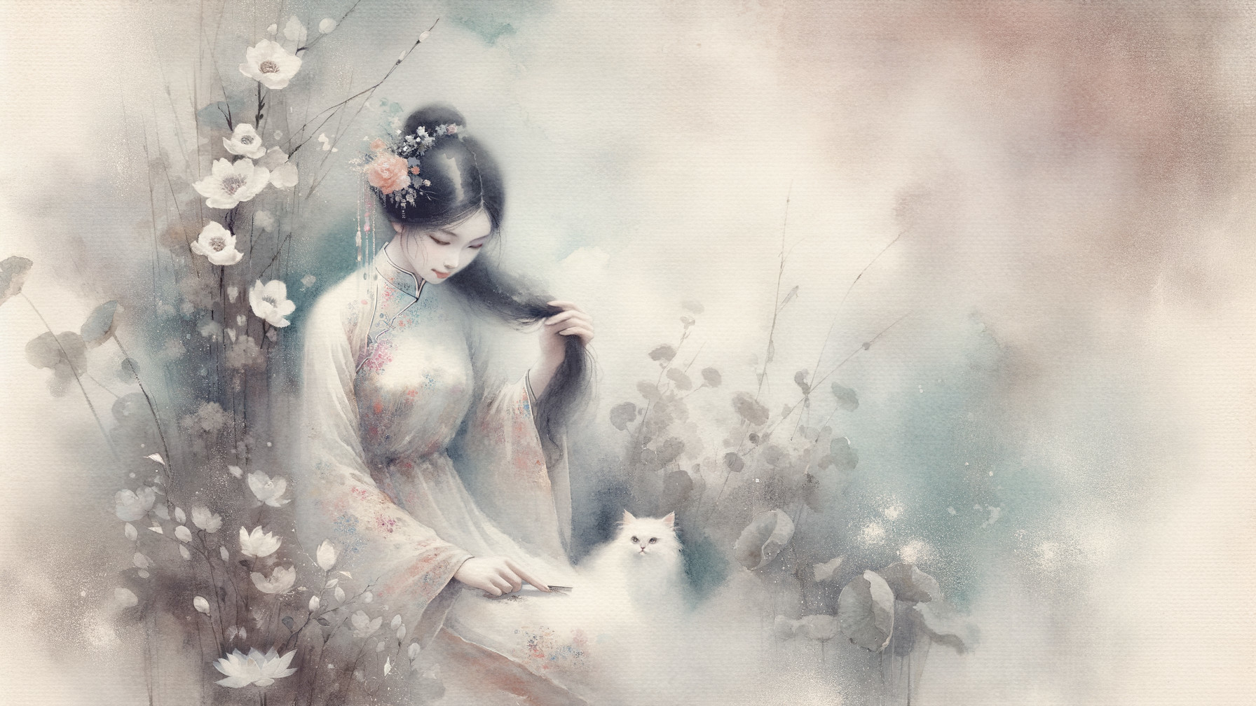 Young Woman in Traditional Attire Surrounded by Flowers