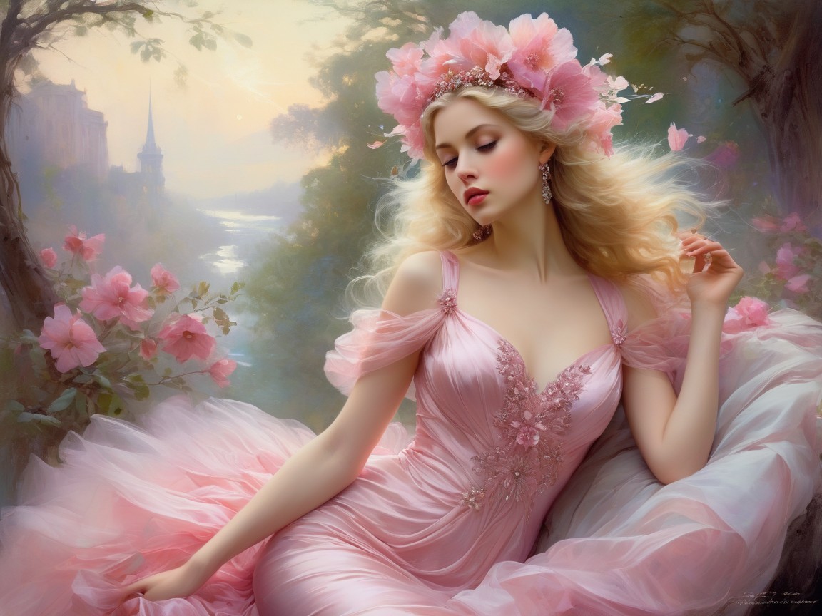 Serene Scene of a Woman in a Pink Floral Gown