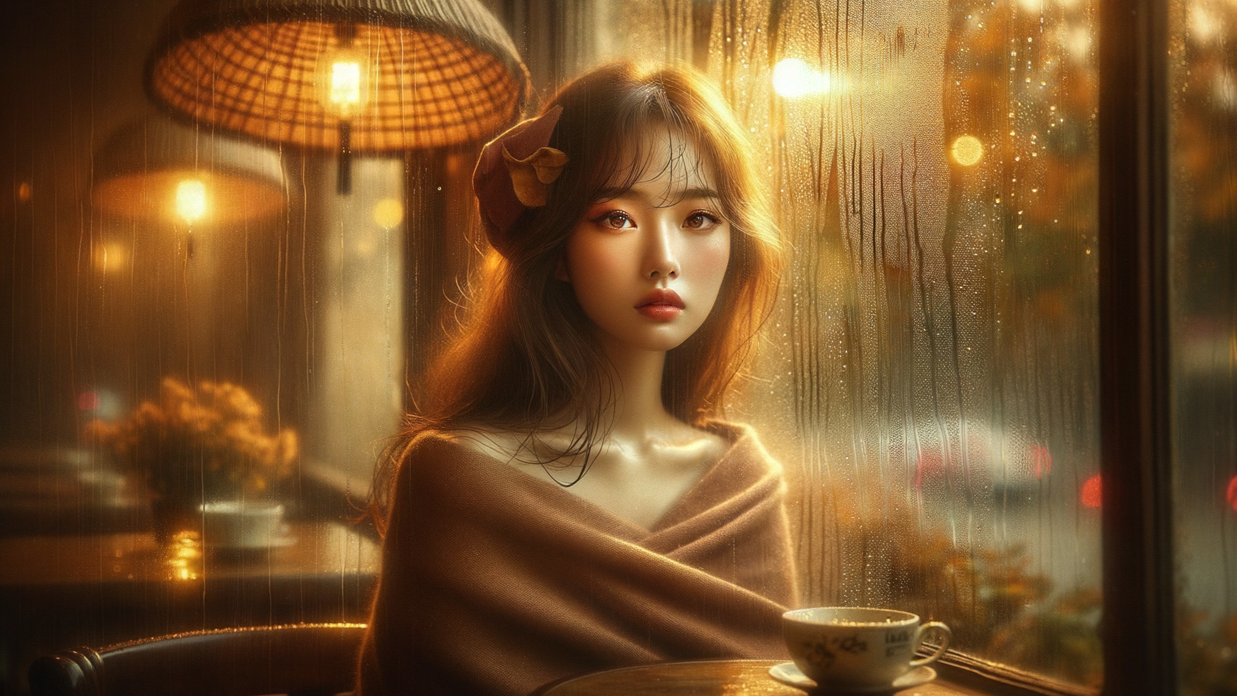 Contemplative Young Woman by Rainy Window in Café