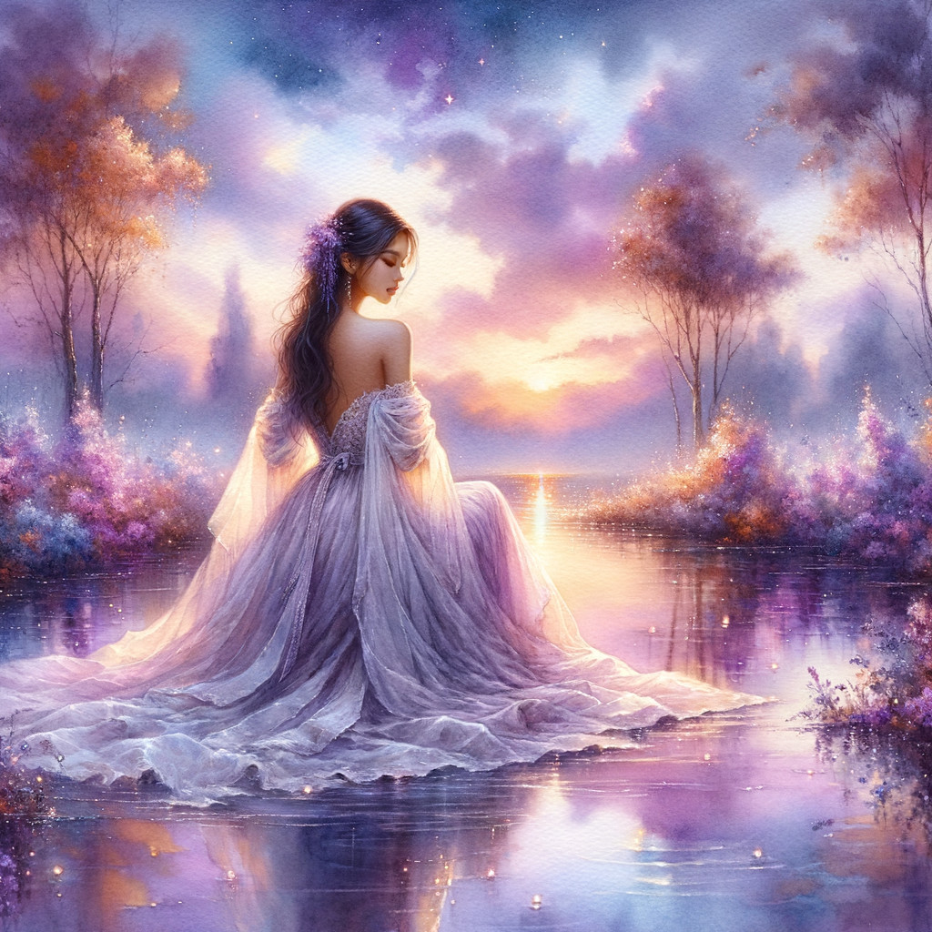 Young woman by tranquil lake at sunset in gown