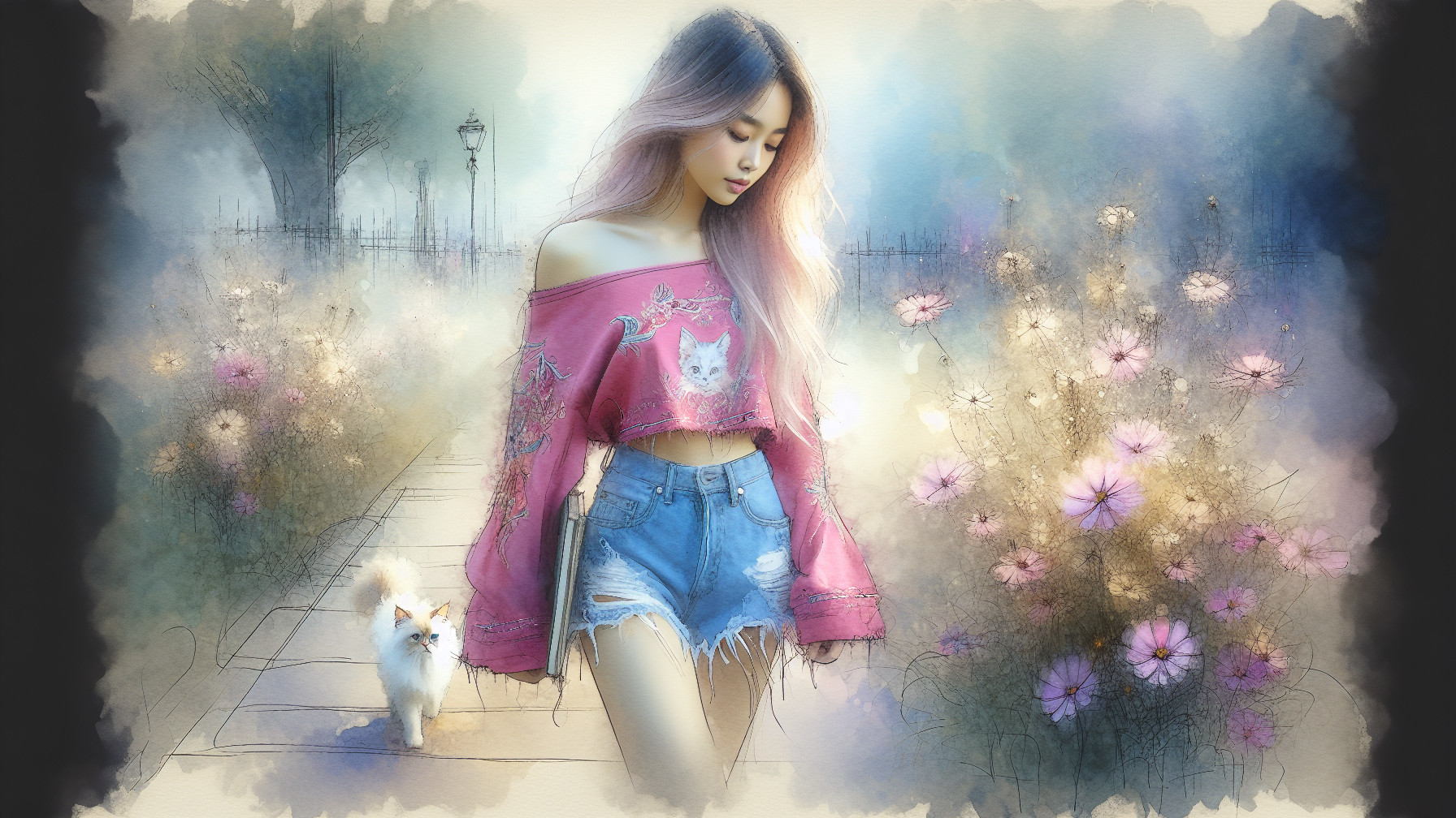 Young woman with pastel hair in a flower-filled path