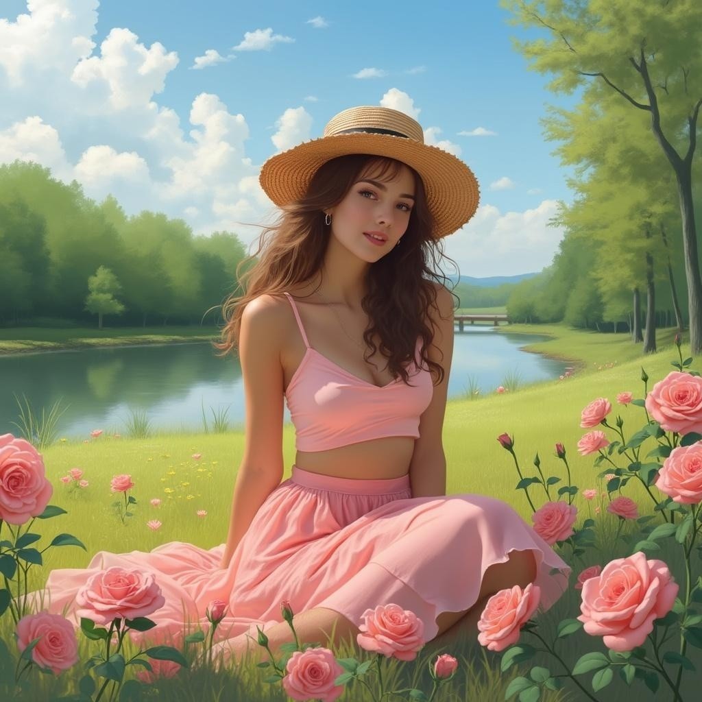 Young woman by serene lake with pink roses and trees