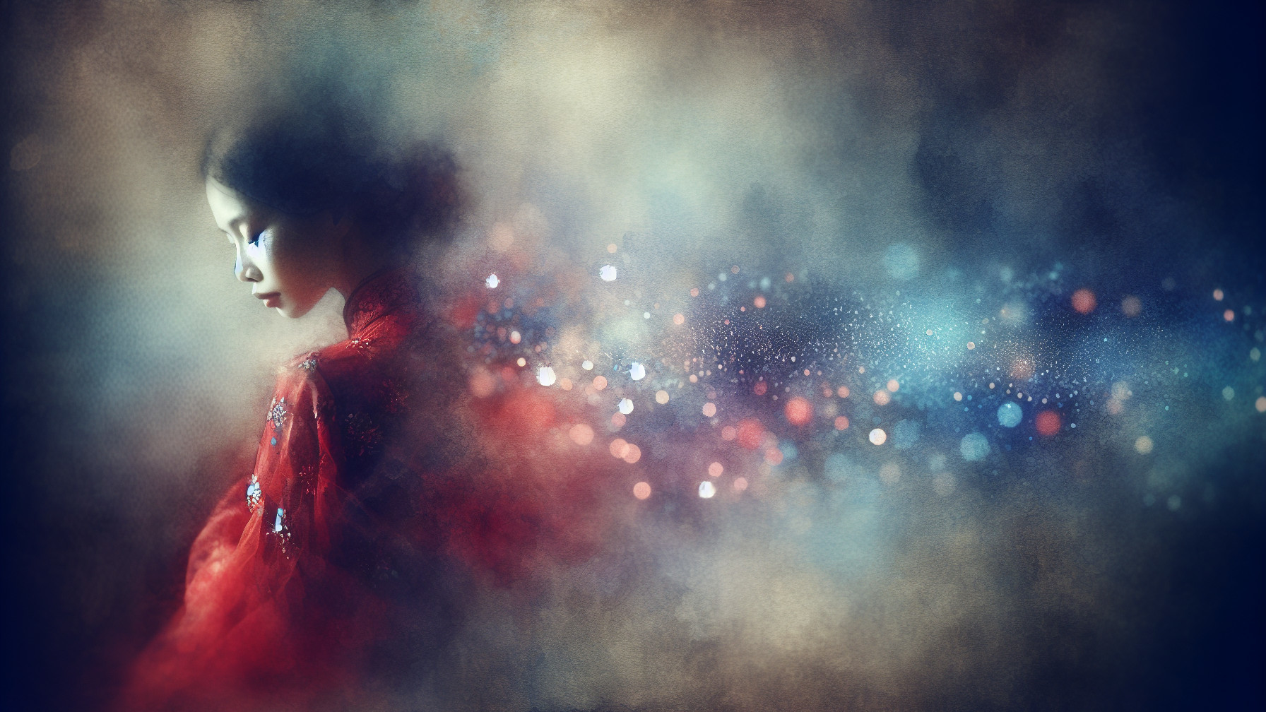 Serene Figure in Red Garment Against Ethereal Backdrop