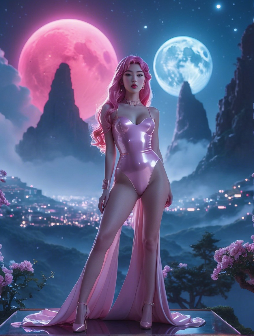 Futuristic Figure in Pink Latex with Moonlit Landscape