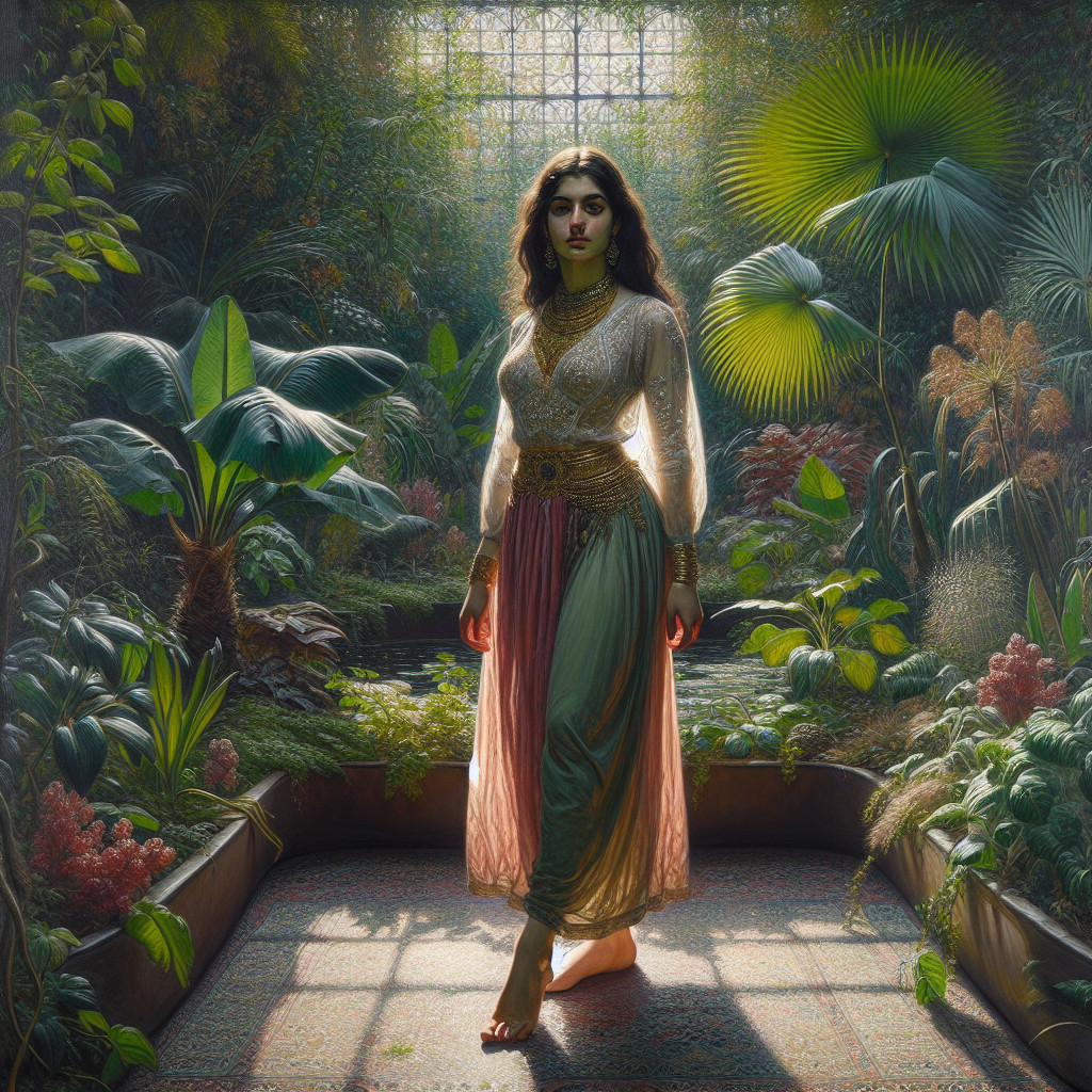 Elegant Woman in Lush Indoor Garden Setting