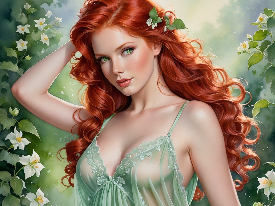 Portrait of a Woman with Red Hair in Greenery