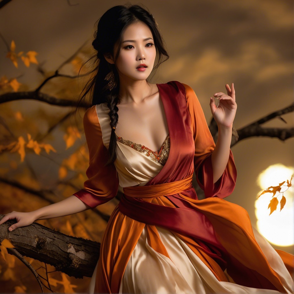 Woman in flowing gown among autumn foliage at sunset