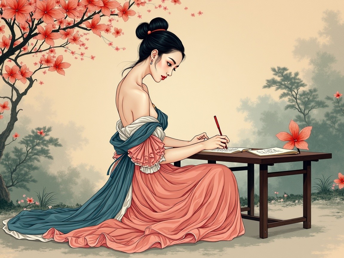 Woman Writing at a Table Surrounded by Cherry Blossoms