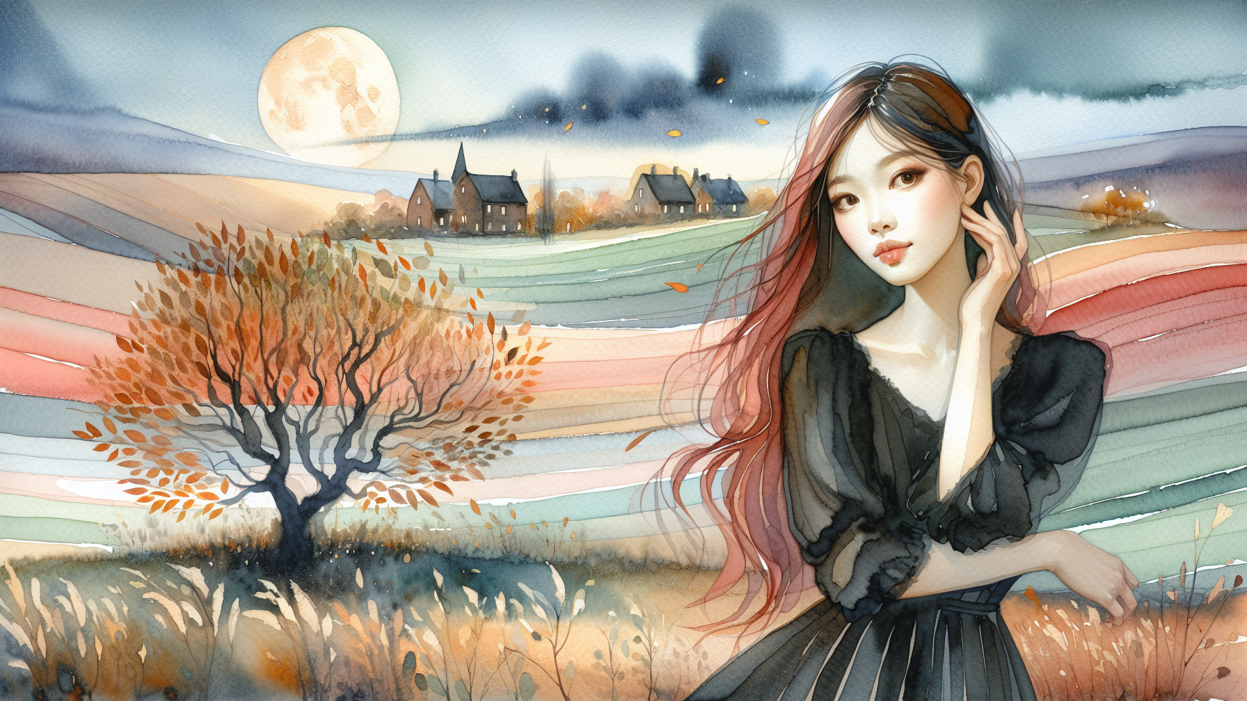 Serene Landscape with Woman in Black Dress and Moon