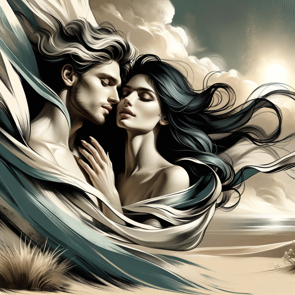 Romantic Embrace in Serene Landscape Artwork