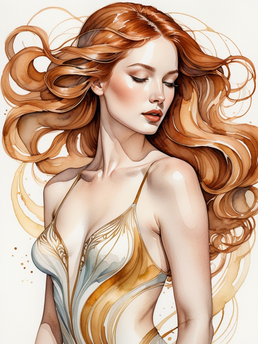 Illustration of a Woman with Red Hair and Elegant Attire