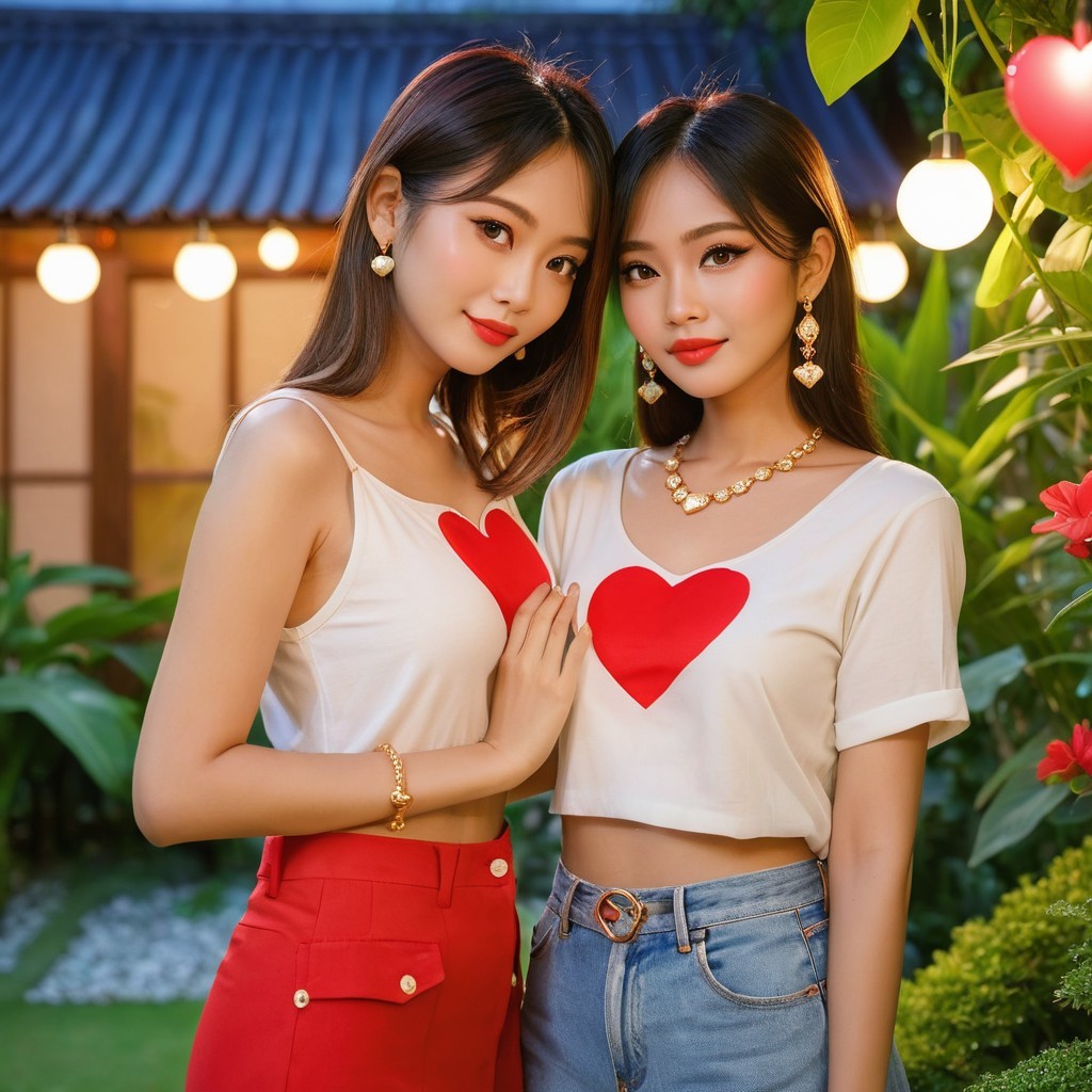 Young women in tropical setting with playful outfits