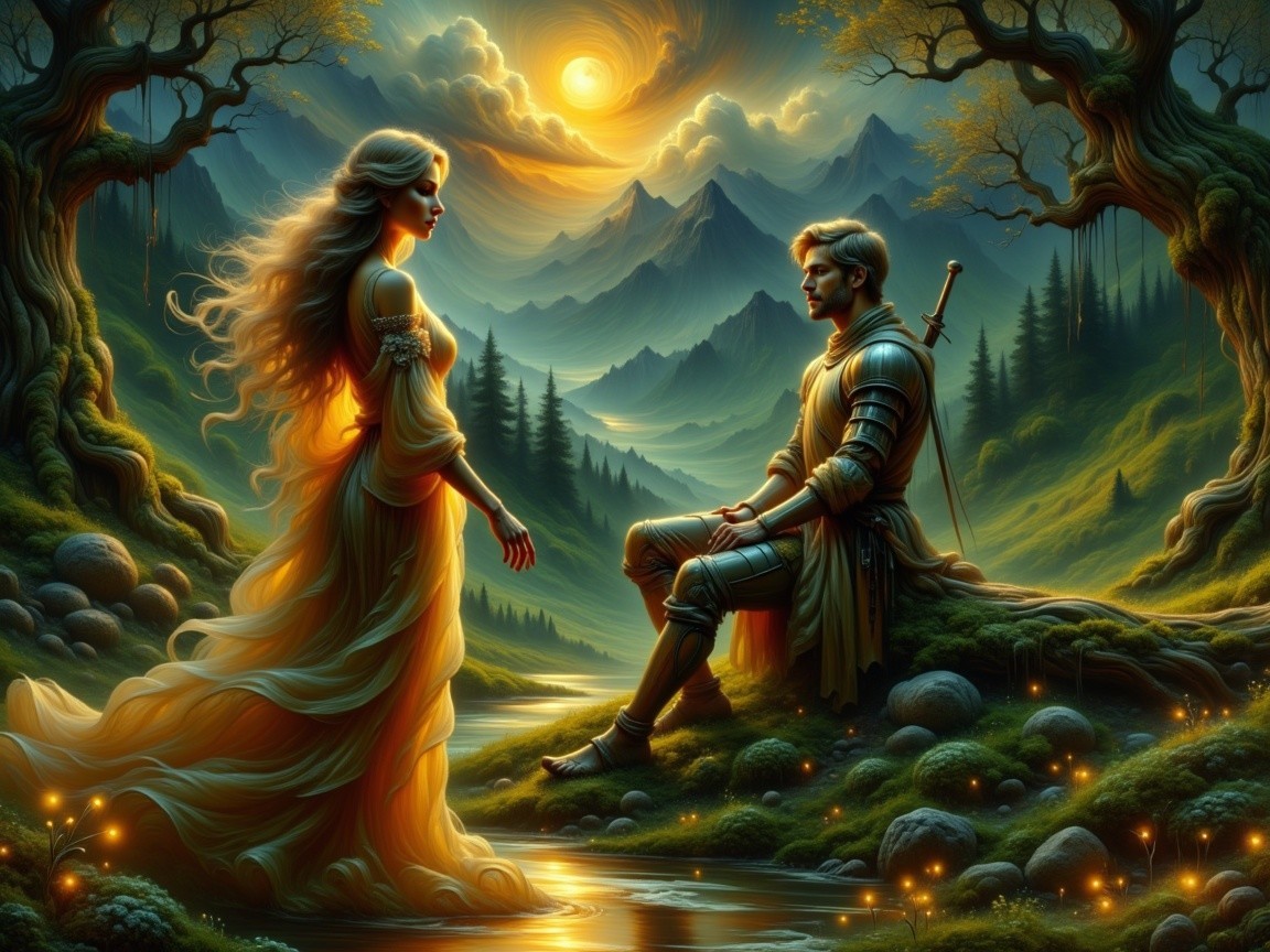 Knight in Armor Meets Ethereal Figure in Forest