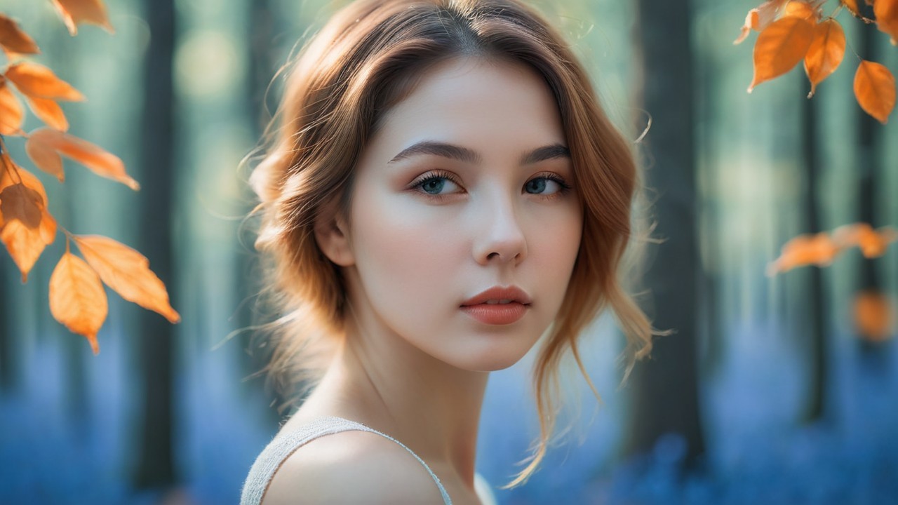 Young Woman in Tranquil Forest with Autumn Leaves