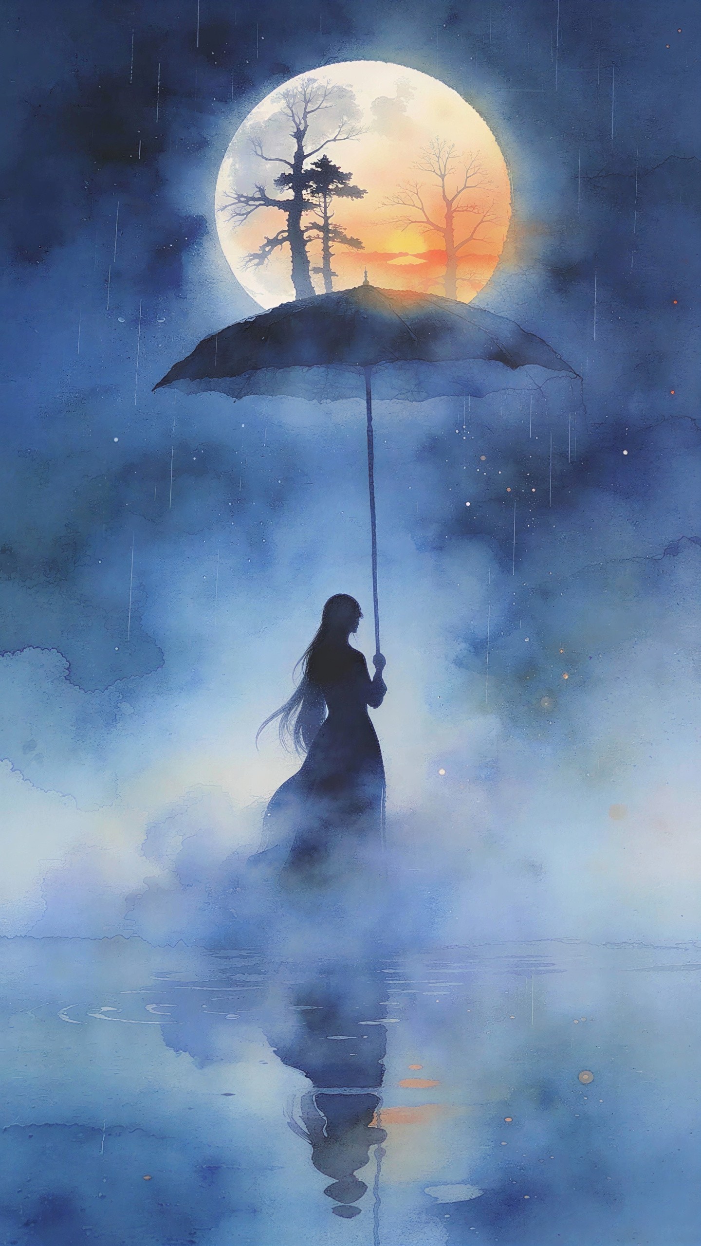 Watercolor Painting of Woman with Umbrella and Moon
